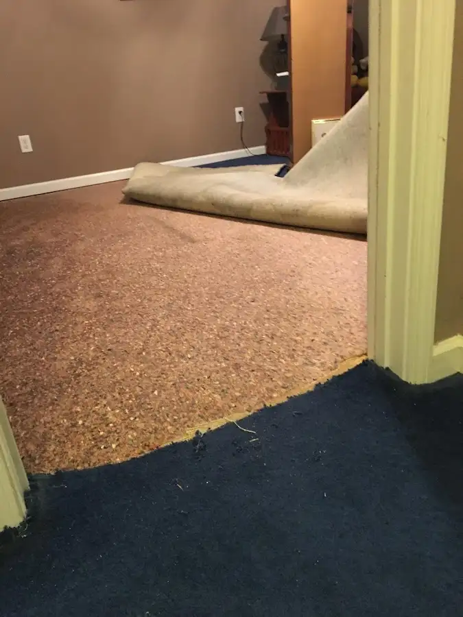 Carpet pad removal revealing water damage during Water Mitigation Services in Berlin